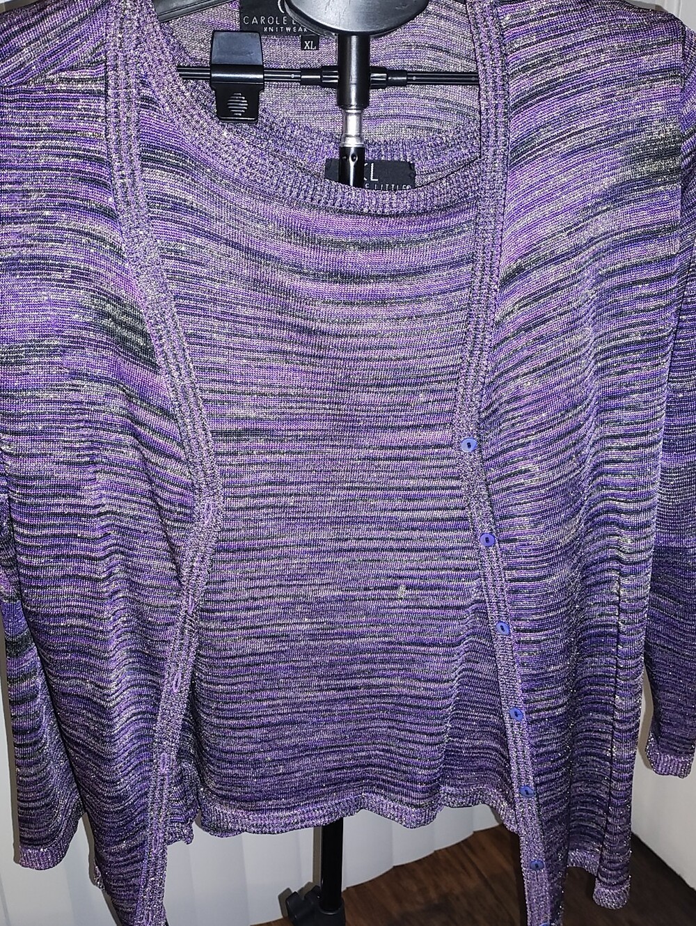 Carole Little Purple Multitone Striped Knit Sweater & Cardigan Set
